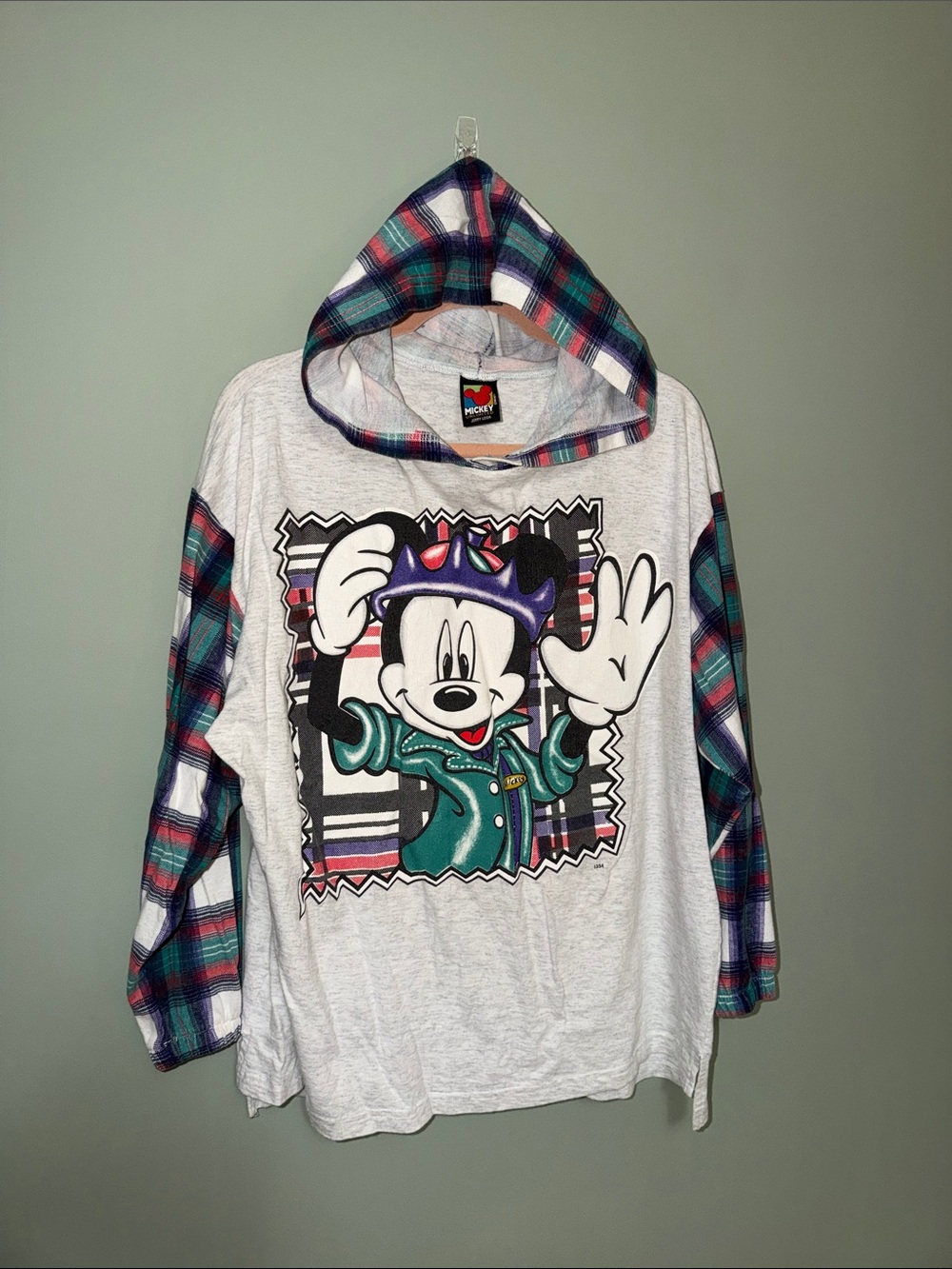 Vintage Mickey Unlimited Jerry Leigh Mickey Mouse Plaid Hooded Graphic Tee XL